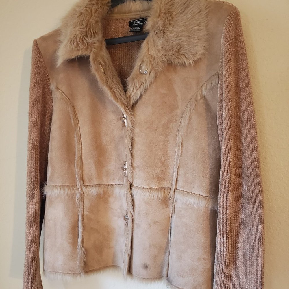 Unique Tan Faux Suede Fur & Sweater Coat Size - Large